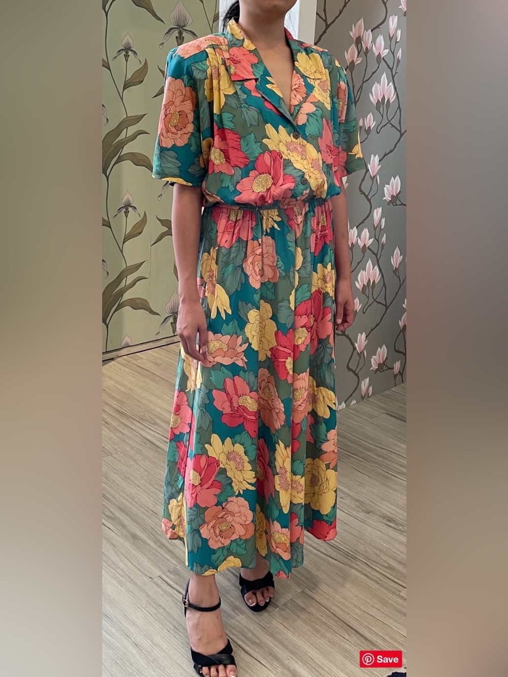 Vintage - Floral Skirt Set in Teal with Pink & Yellow Blooms * flaws